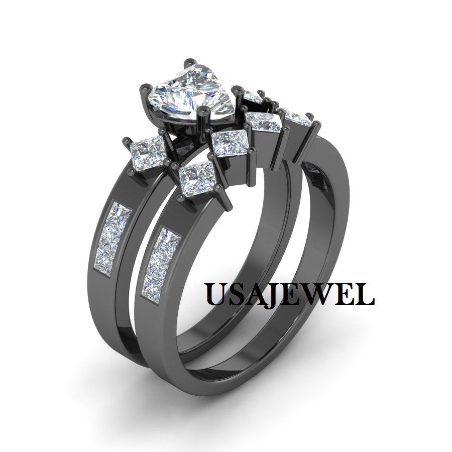 Mariage - 2.55ct White Heart Cut Engagement Bridal Wedding Promise Beautiful Sexy Ring in 925 Sterling Silver Full Black Metal with Free Shipping