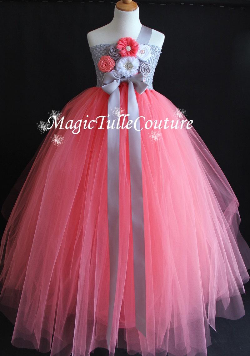 Mariage - Coral and Grey Flower Girl Tutu Dress Birthday Party Dress Toddler Dress 1t2t3t4t5t6t7t8t9t10