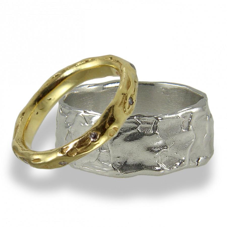 Mariage - Organic Wedding Band Set , Diamond Wedding Band , His and Hers , Unique Matching Wedding Rings , Gold Ring , Women, Mens , Wedding Rings