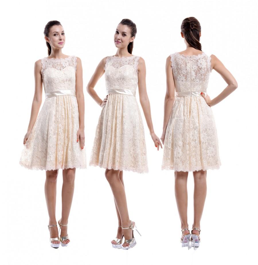 Hochzeit - Champagne Lace Bridesmaid Dress, Straps Bateau Neck Short Lace Bridesmaid Dress, Cheap Lace Bridesmaid Dress
