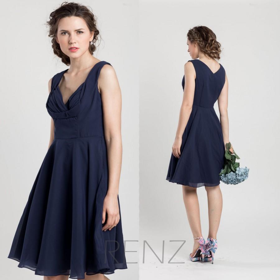 Mariage - 2015 Navy Blue Bridesmaid dress, Short Wedding dress, Chiffon Party dress, Formal dress knee length (F026)