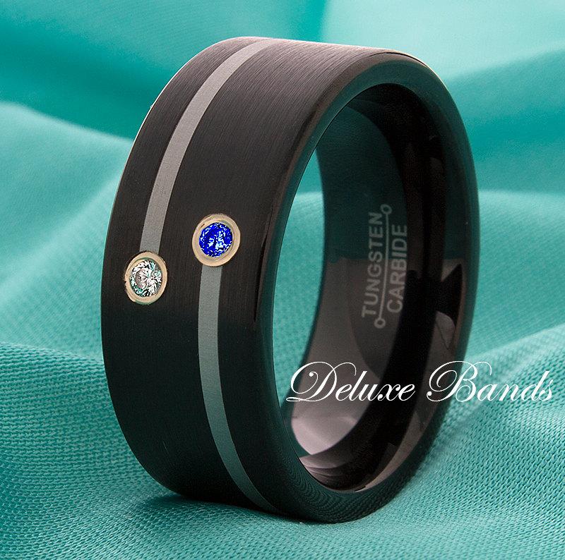 Hochzeit - Tungsten Sapphire Diamond Wedding Ring Black Anniversary Ring 9mm Pipe Cut Satin Finished His Hers Promise Commitment Band FREE Engraving