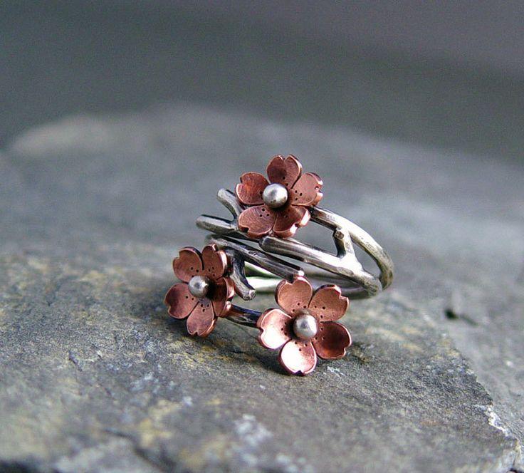 زفاف - Cherry Blossom Branch, Twig Jewelry, Spring Jewelry, Silver Ring, 1 Ring MADE To ORDER, Twig Ring, Branch Ring, POINTED Petals