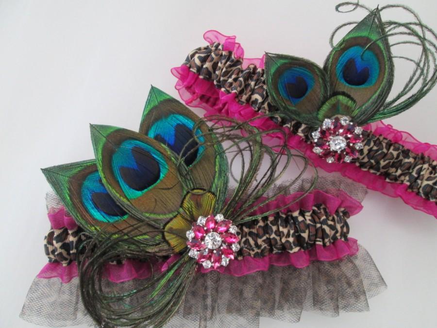 Свадьба - Hot Pink Peacock Wedding Garters with Leopard Ruffles, Pink Prom Garter, Fuchsia Bridal Garter, Pink Cheetah Garter, Peacock Garter