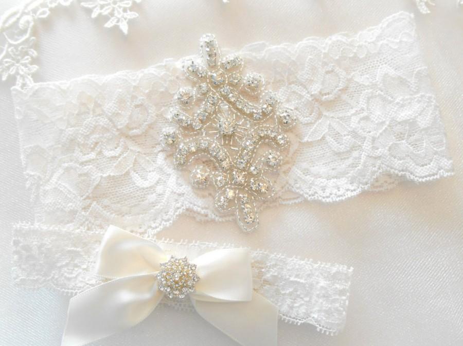 Hochzeit - Wedding Garter Set Ivory or White Stretch Lace Bridal Garter Set With Beautiful Rhinestone Setting Garter Set.