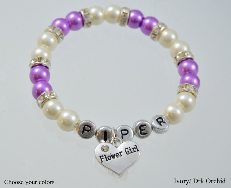 زفاف - Name Flower Girl Pearl Bracelet with Rhinestone spacers, Wedding Jewelry, Rhinestone Heart, Wedding, Children's Jewelry, Monogram, Stretchy