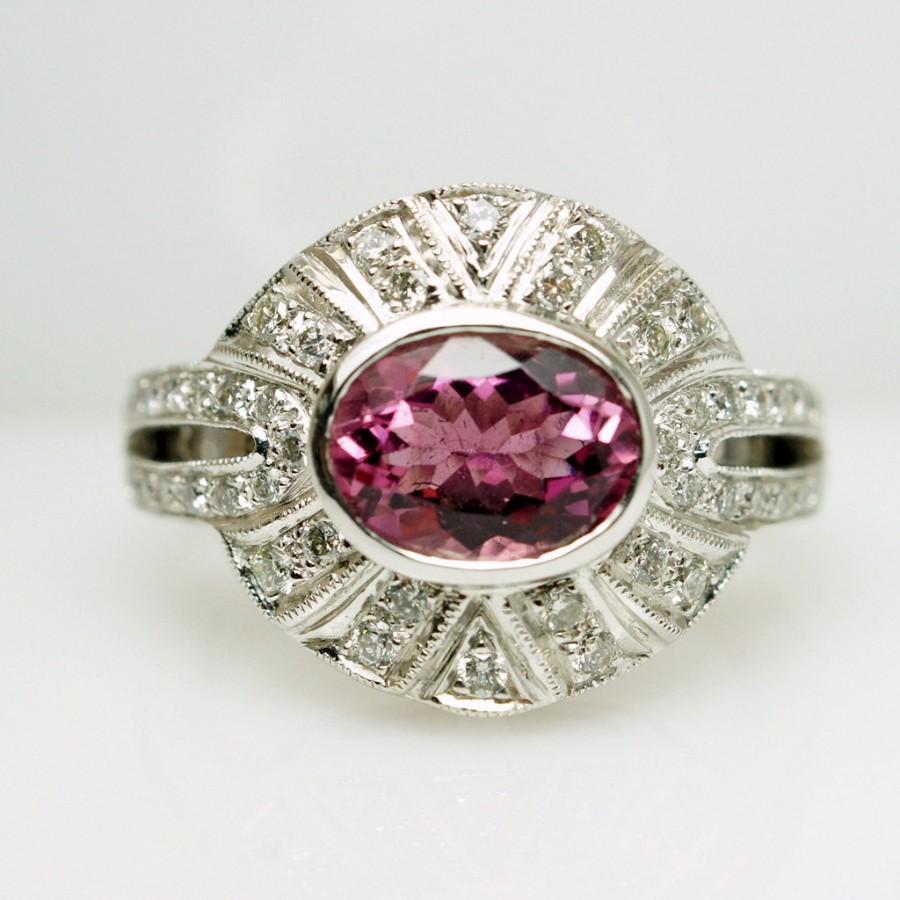 زفاف - Vintage Art Deco Style Diamond Tourmaline Cocktail Engagement Ring Ring with 14k White Gold - Size 6.25 - Free Resizing - Layaway Options