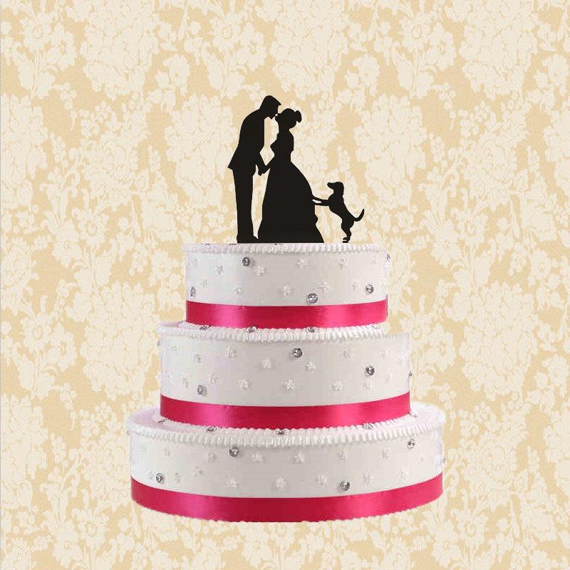 Hochzeit - Wedding cake topper with dog-silhouette cake topper with dog-funny bride and groom wedding cake topper-rustic cake topper-unique cake topper