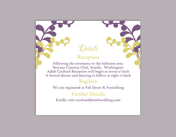 Wedding - DIY Wedding Details Card Template Editable Text Word File Download Printable Details Card Purple Details Card Green Information Cards
