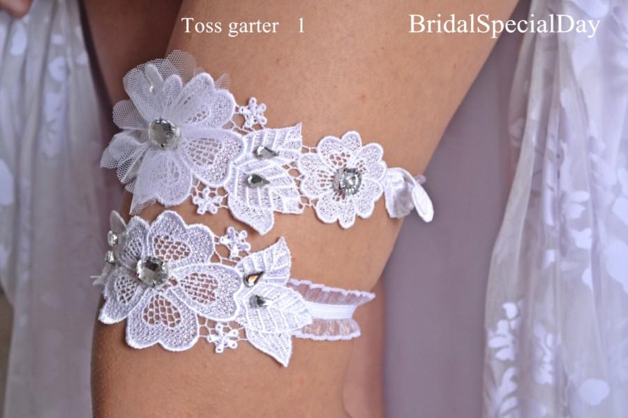 Hochzeit - Wedding Garter Set White Bridal Garter With Tulle Flower and Strass - Handmade Wedding Garter