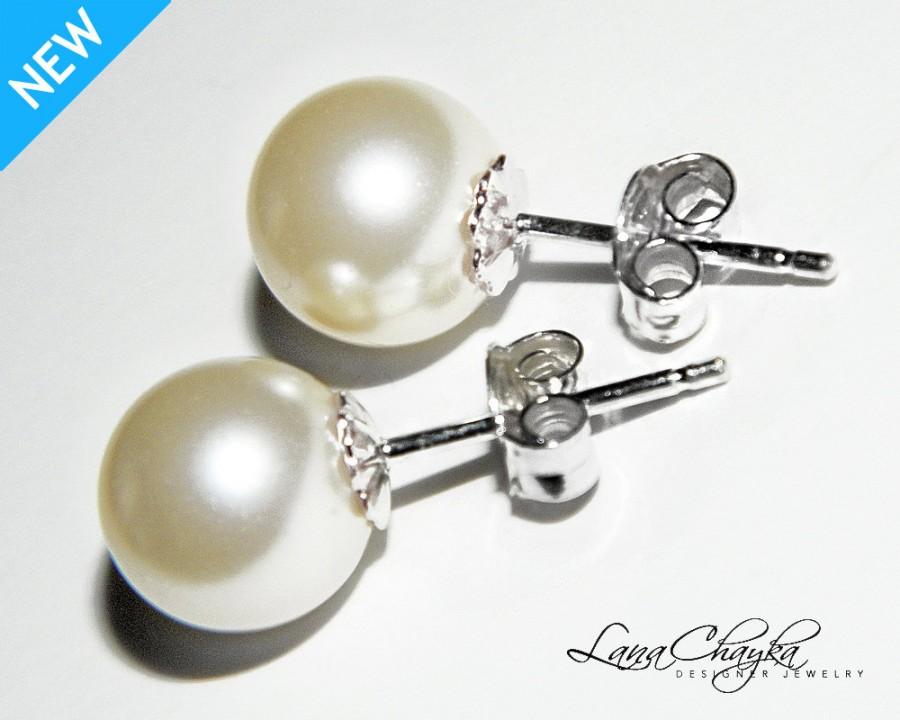 Wedding - Wedding Ivory Pearl Earrings Swarovski 8mm Pearl Sterling Silver Earrings Pearl Stud Wedding Earrings Bridal Pearl Jewelry FREE US Shipping