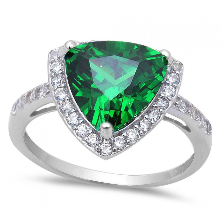 Hochzeit - Vintage Solitaire Accent Wedding Engagement Halo Ring 2.35CT Trillion Cut Emerald Green Round Russian Diamond CZ Solid 925 Sterling Silver