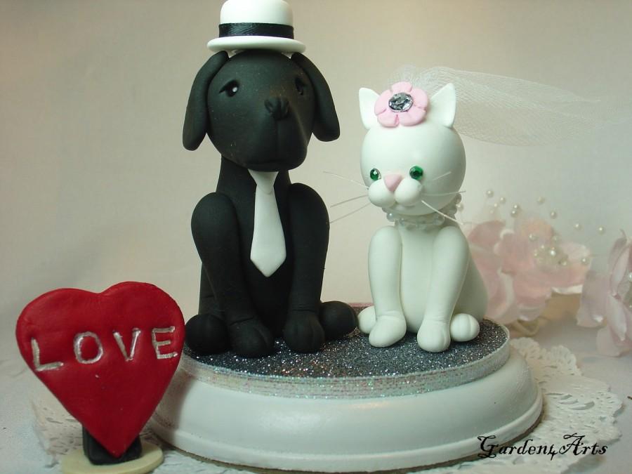 Hochzeit - Custom Wedding Cake Topper--Dog & Cat Love with Beautiful Stand - Black and White
