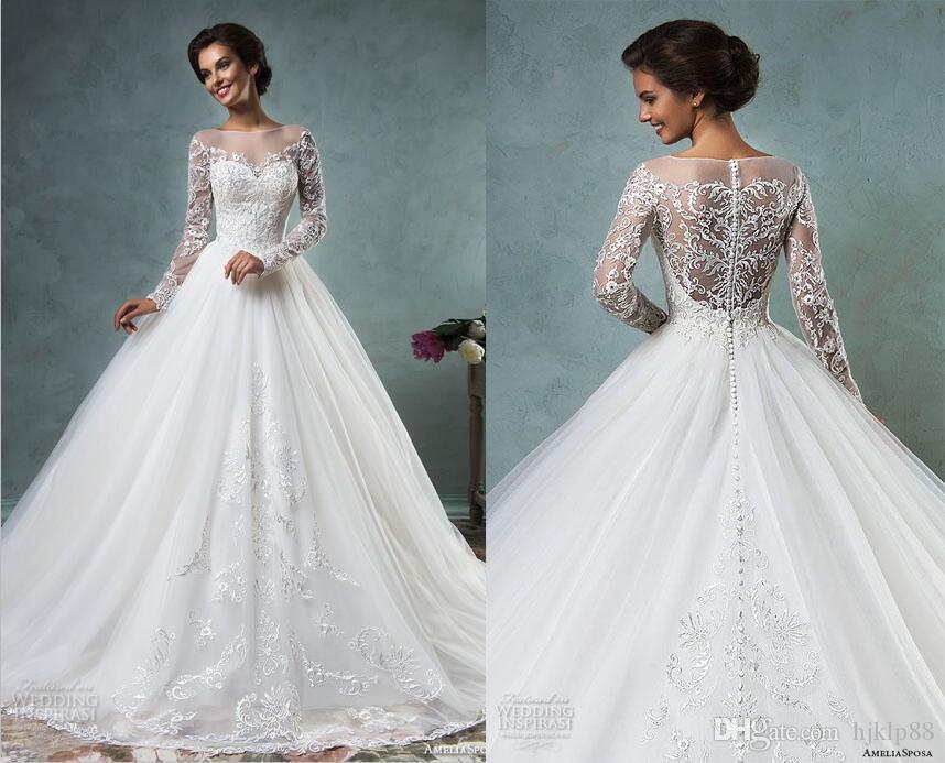 Mariage - Bridal Gowns Online Best Selling 2016 New Amelia Sposa Wedding Dresses Tulle Applique A Line Covered Button Long Sleeve Wedding Dress Lace Bridal Gown Bridal Party Dresses From Hjklp88, $121.47