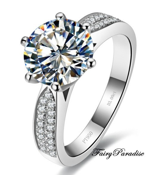 Wedding - Art Deco 3 Ct (9 mm) Round Cut Solitaire Engagement Rings, Promise Ring, 2 Rows Pave Band, Lab Made Diamond, Free Gift Box ( FairyParadise )