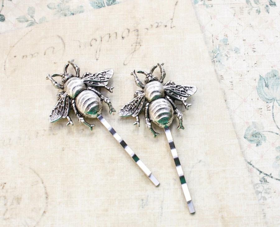 Wedding - Bee Bobby Pins, Silver Honey Bees, Bumblebee Grey, Woodland Wedding, Insect, Pair of Hair Pins, Nature Garden, Nature, Forest