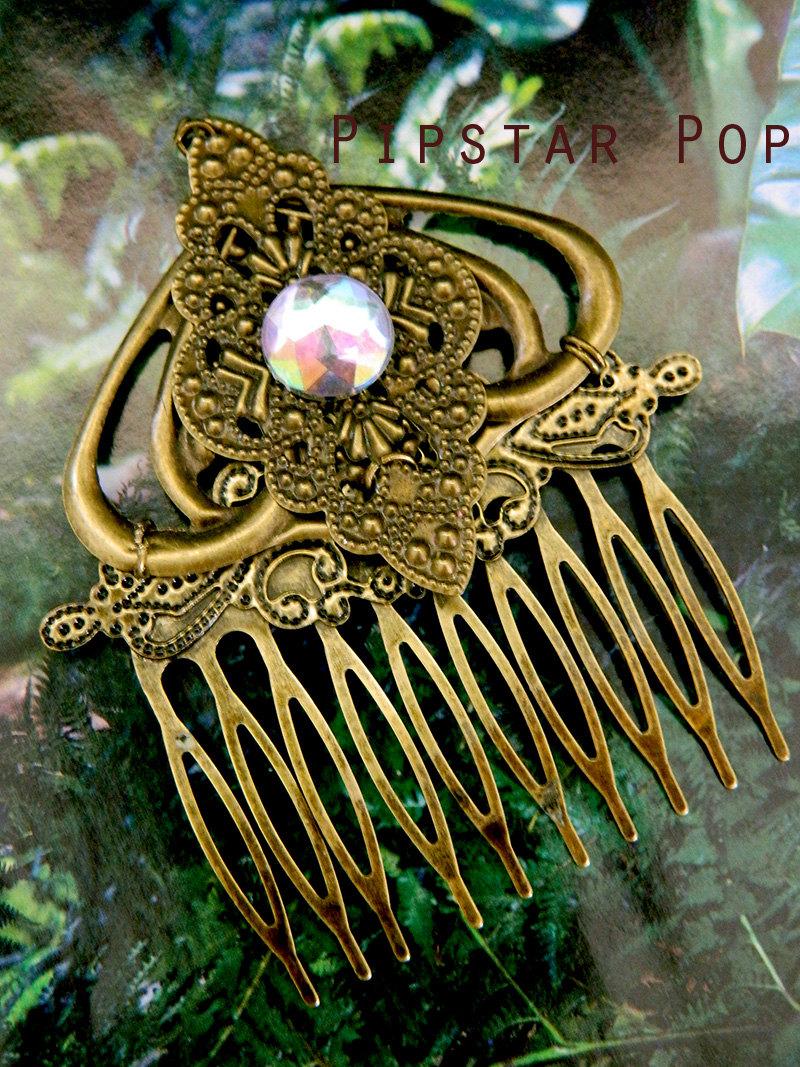 Wedding - Art Nouveau Bronze filigree comb with Iridescent acrylic gem center  - Neo Classical Jewelry  Hair Accessories