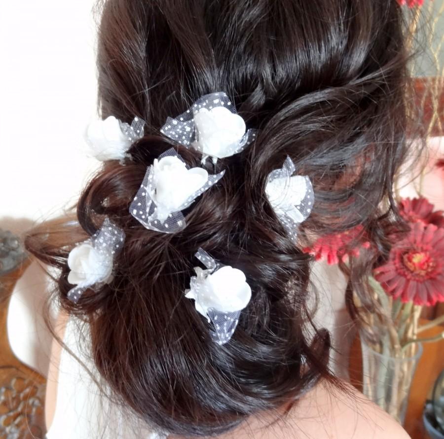 زفاف - White  Rose Wedding Hair Pins, White Bridal Hair Pins, Hair Accessories, Bridesmaid Hair, Woodland - Set of 6