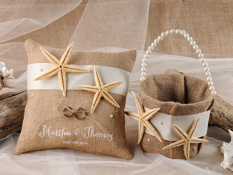 زفاف - Flower Girl Basket & Ring Bearer Pillows, Rustic, Burlap Wedding Pillows, Beach Rustic Basket, Starfish Ring Pillows, 