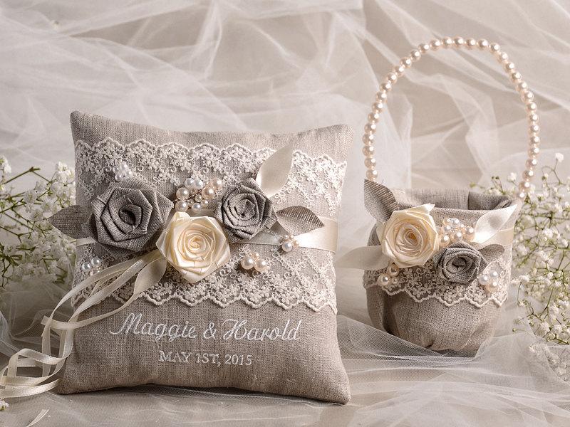 زفاف - Flower Girl Basket & Ring Bearer Pillow Set, Shabby Chic Natural Linen, Embriodery Names, 