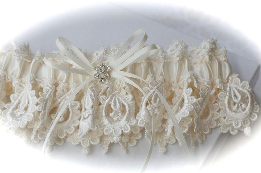 Hochzeit - Wedding Garter in My Most Beautiful Venice Bride Garter Lace with Rhinestone Flower and Satin Bows Centering Trims