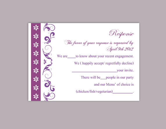 Hochzeit - DIY Wedding RSVP Template Editable Text Word File Download Rsvp Template Printable RSVP Cards Eggplant Purple Rsvp Card Elegant Rsvp Card