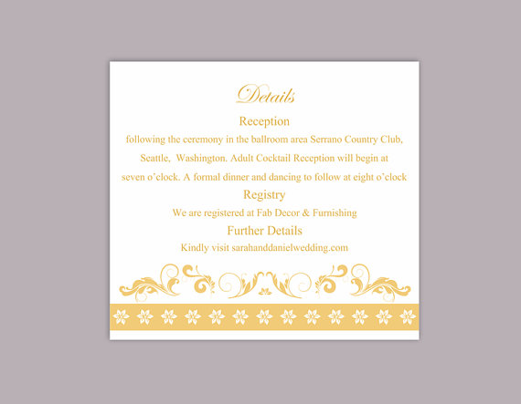 Hochzeit - DIY Wedding Details Card Template Editable Text Word File Download Printable Details Card Yellow Gold Details Card Elegant Enclosure Cards