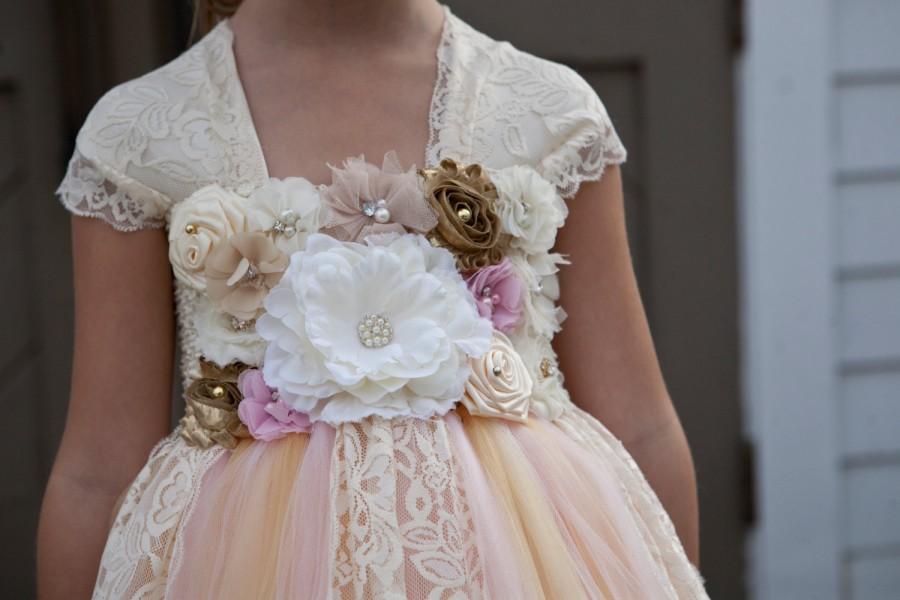 Wedding - Champagne flower girl dress, blush tutu dress, vintage flower girl,  ivory flower girl dresses, wedding, champagne tutu dresses, wedding