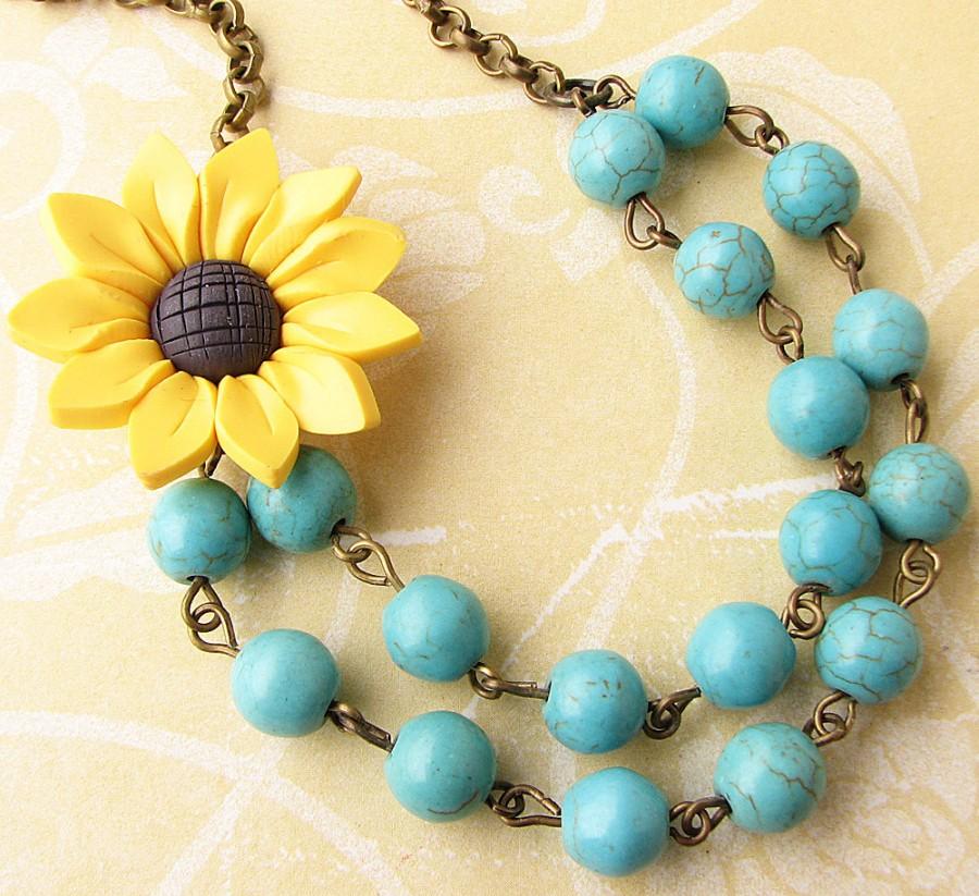 Hochzeit - Sunflower Jewelry Flower Necklace Gift For Her Turquoise Jewelry Sunflower Necklace Bridesmaid Jewelry Wedding Necklace
