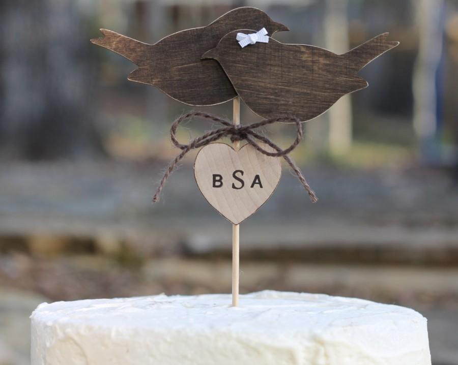 Mariage - Wedding Cake Topper Love Birds Personalized Monogramed Wood Heart, Barn, Shabby Chic, Rustic Wedding