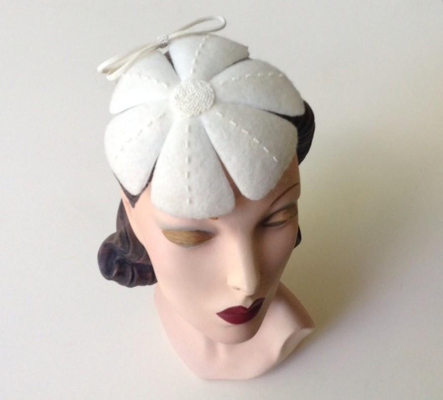 Wedding - Ivory Felt Flower Wedding Hat, Bridal Accessory, Vintage Inspired Hand-Beaded Wool Felt Flower Cocktail Hat