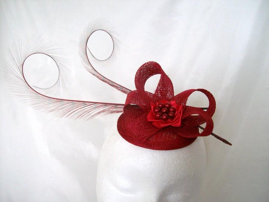 Свадьба - Poppy Red Pheasant Curl Feather Sinamay & Rhinestone Pearl Wedding Fascinator Mini Hat - Custom Made to Order