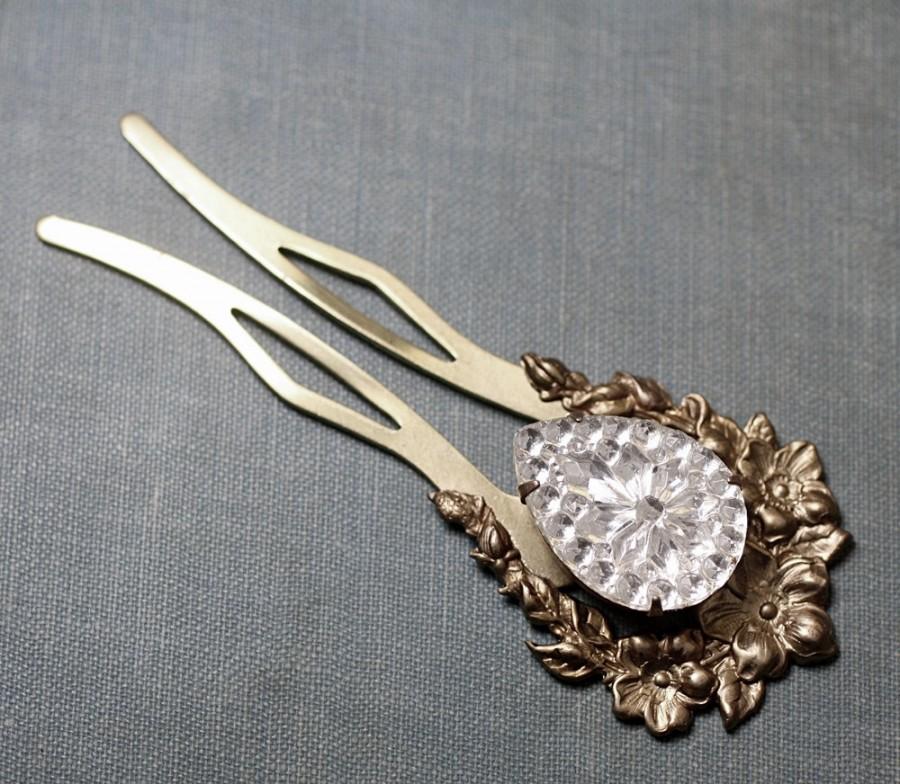 Hochzeit - Art nouveau bridal hair comb fork pin jewel vintage brass floral clear emerald amethyst wedding hair accessory 1920's style