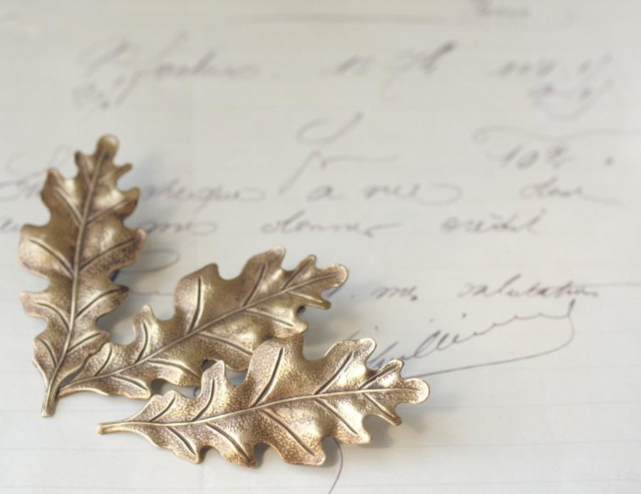 Свадьба - Brass oak leaf bridal barrettes antique Victorian autumn hair accessory wedding bridesmaid