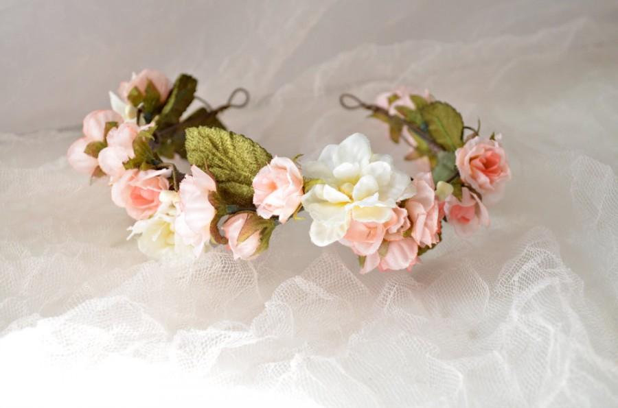 Wedding - Boho rose crown, pink and ivory floral headband, bridal head piece, hair garland, wedding accessory