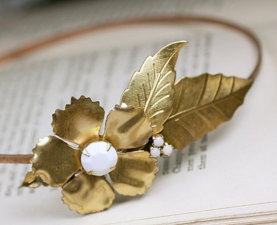 Свадьба - Brass flower headband white jewel vintage style bridal