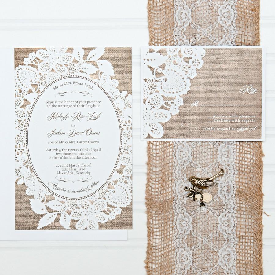 Hochzeit - Burlap and Lace Wedding Invitation Set, with RSVP cards and address labels, Budget Invites, 30 Sets