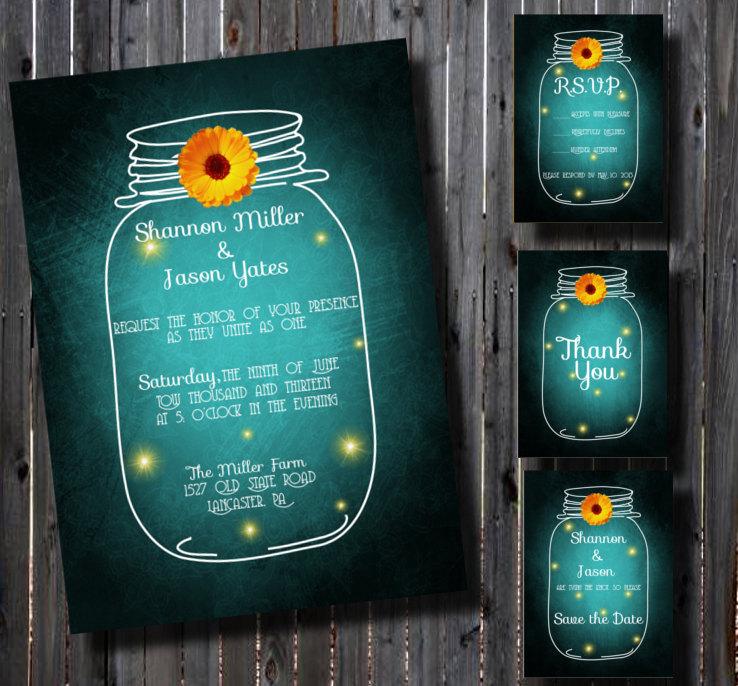 Wedding - DIY Printable Wedding Invitation Suite-Country- Mason Jar-Rustic- Whimsical-DIY-Set-print your own-Teal-Daisy Accent