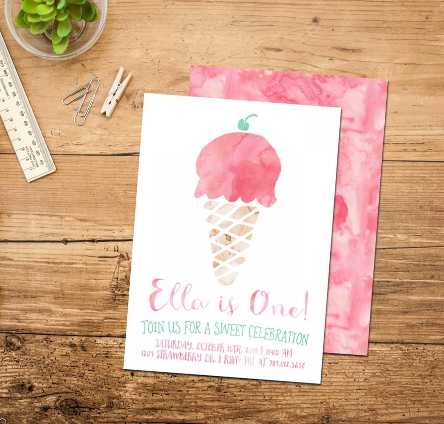 Hochzeit - Ice Cream Birthday Invitation, Ice Cream Cone Social, 1st Birthday Party Invite with back, Girl First Bday Printable, Baby Shower