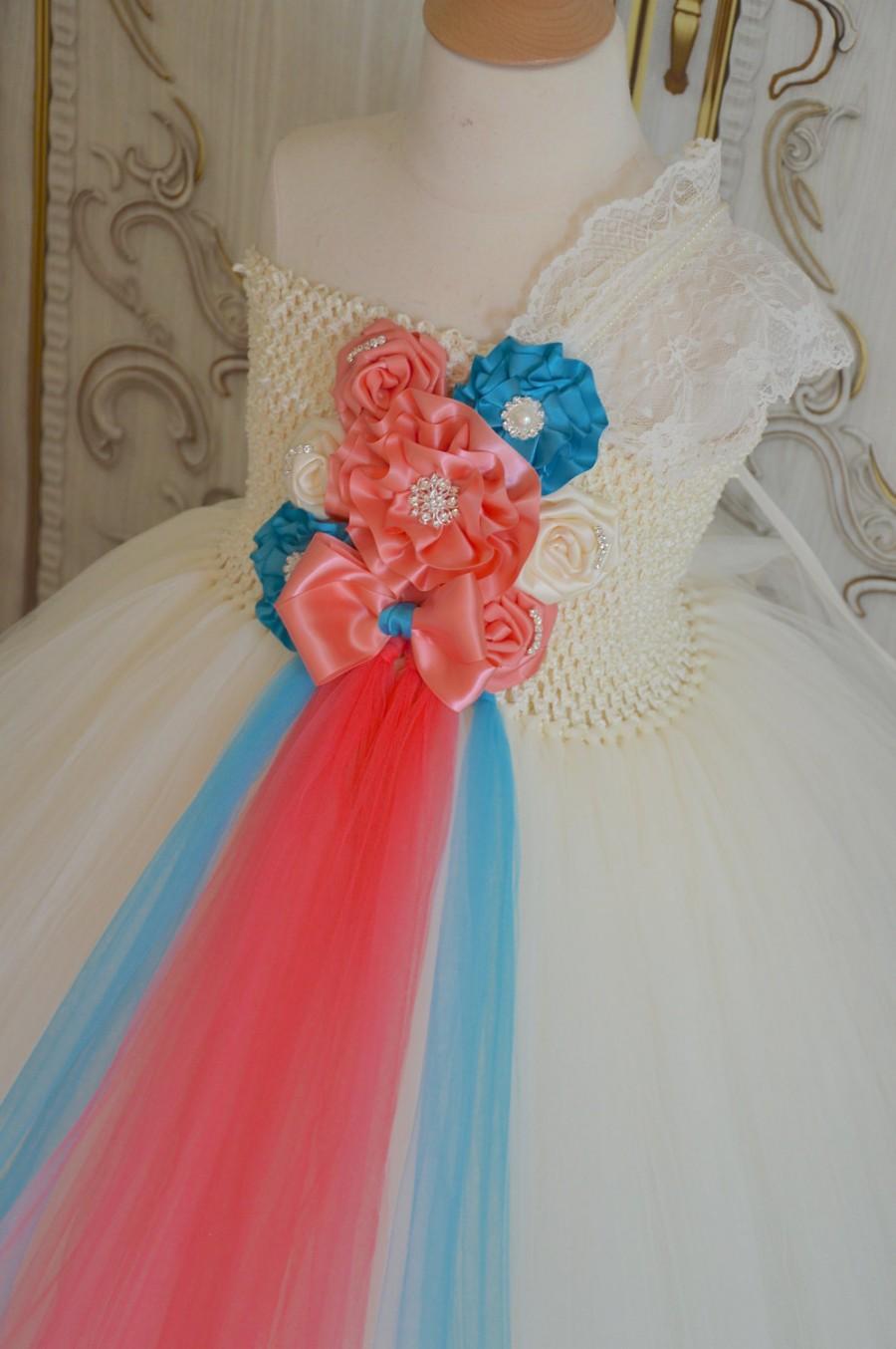 Mariage - Ivory Coral and Turquoise flower girl tutu dress