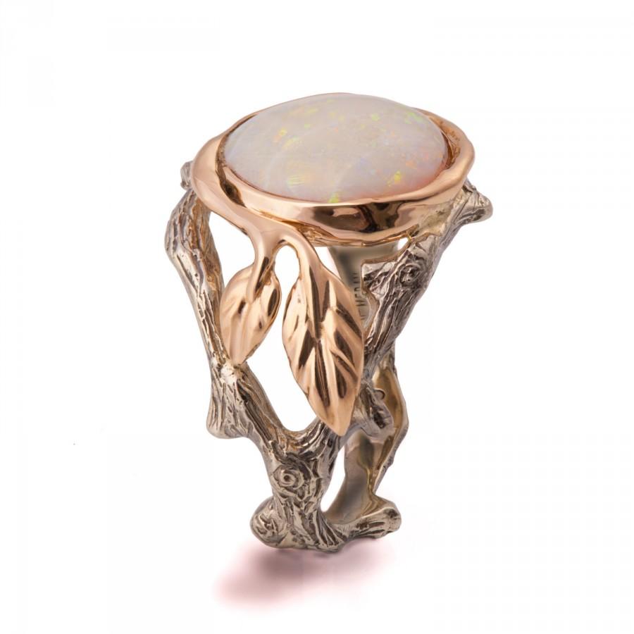زفاف - Twig and Leaf Engagement Ring - 18K Two Tone Gold and Opal ring, Unique Engagement ring, Opal engagement ring, Opal Ring, leaf opal ring