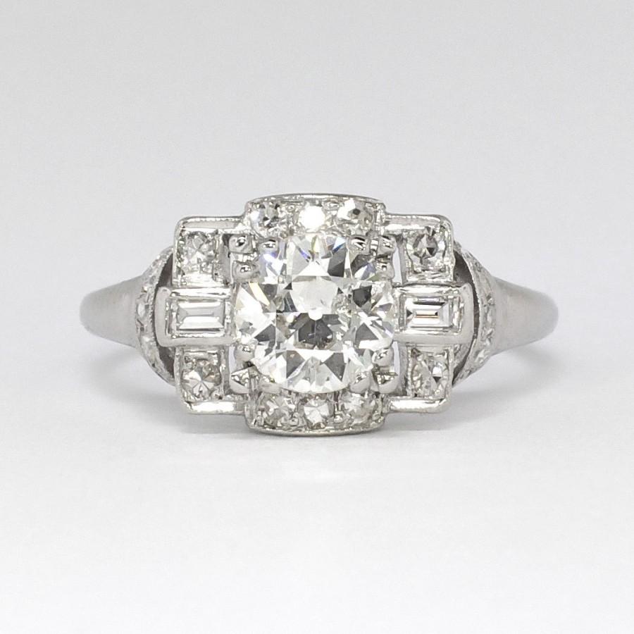 Wedding - SALE Art Deco 1.07ct t.w. Old European Cut Mixed Cut Diamond 1930's Engagement Ring Platinum