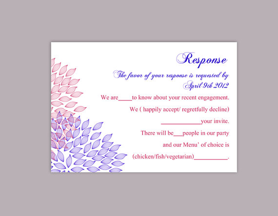 Hochzeit - DIY Wedding RSVP Template Editable Text Word File Download Rsvp Template Printable RSVP Cards Purple Fuschia Rsvp Card Floral Rsvp Card