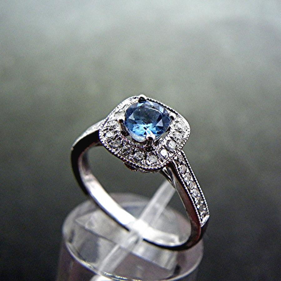 Mariage - AAAAA Stunning Very Rare Dark Blue Santa Maria Natural Aquamarine 5mm .50 Carats 14K white gold Diamond Halo engagement ring.