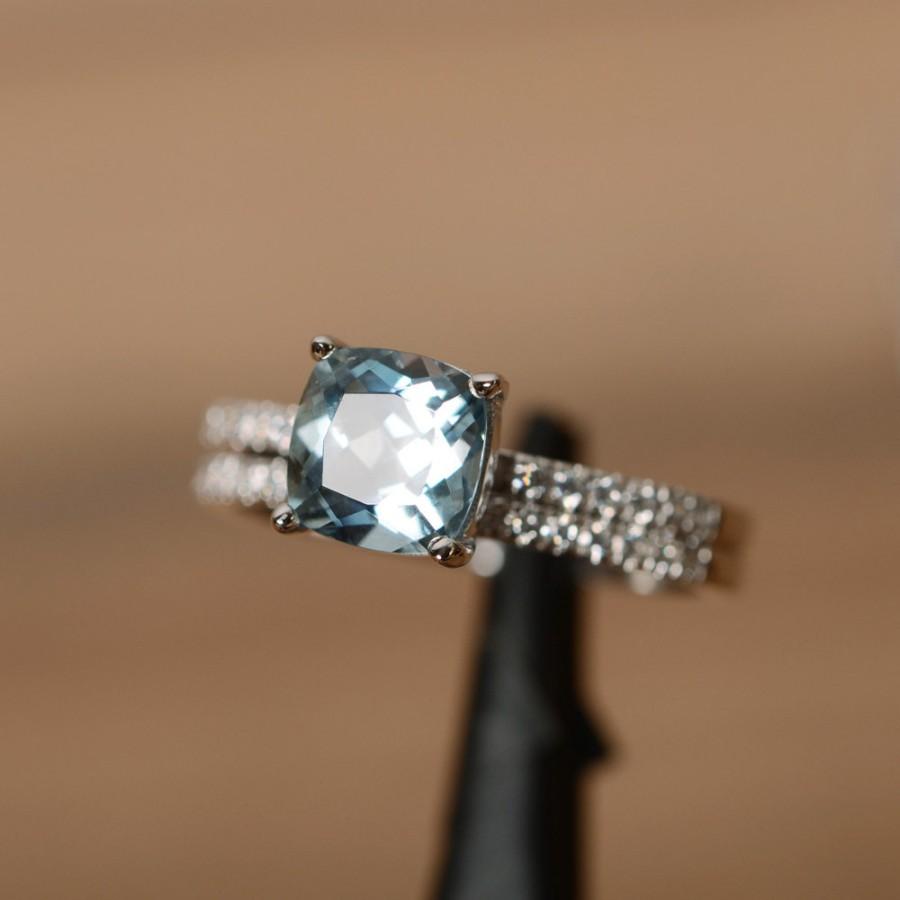 Hochzeit - cushion cut aquamarine engagement ring March birthstone ring silver