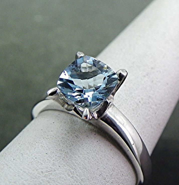 Hochzeit - 7x7mm Square Cushion cut AAA Natural untreated Blue Aquamarine 1.16 carats set in 14K white gold ring  SP77