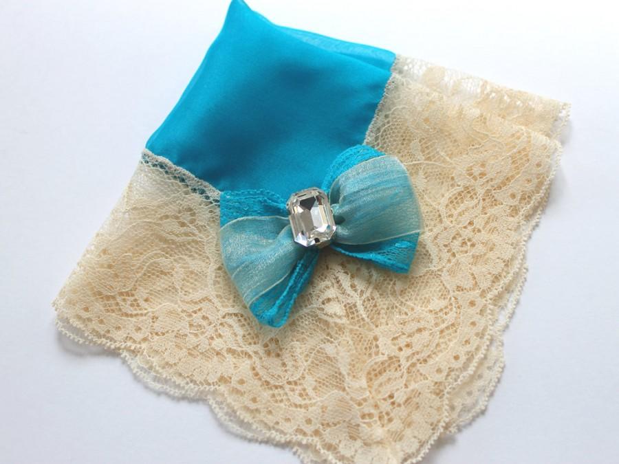 زفاف - Aqua Blue-Teal Wedding Hanky, Vintage Style Hanky, Elegant Silk Handkerchief with Authentic Swarovski Gem and Chantilly Lace