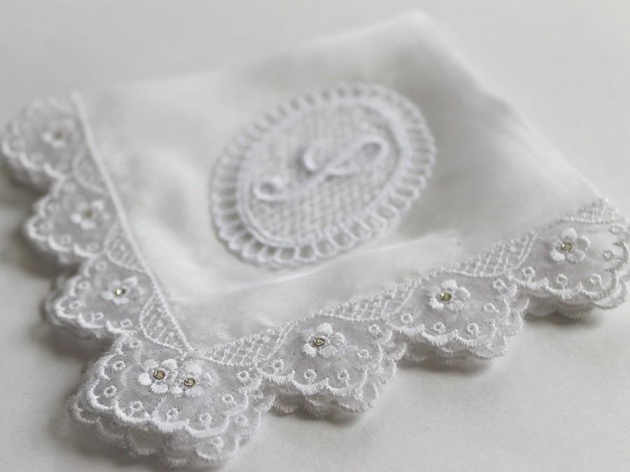 زفاف - Swarovski Monogram Wedding Hanky, Bridal Shower Gifts - Princess of White - Silk Handkerchief w/ Embroidery Lace, Crystals and Lace Monogram