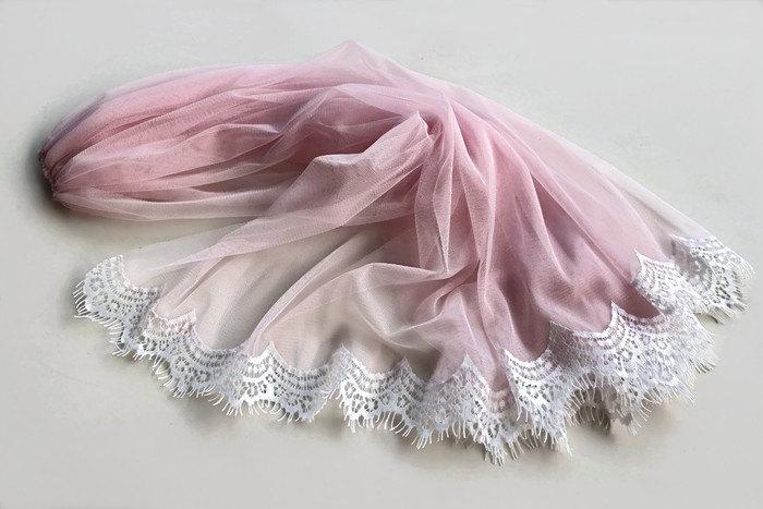 Wedding - Pink Tulle Veil, Eyelash Lace Trim, Bridal Blusher, White, Pastel Unusual Veil, Unique Design, Handmade