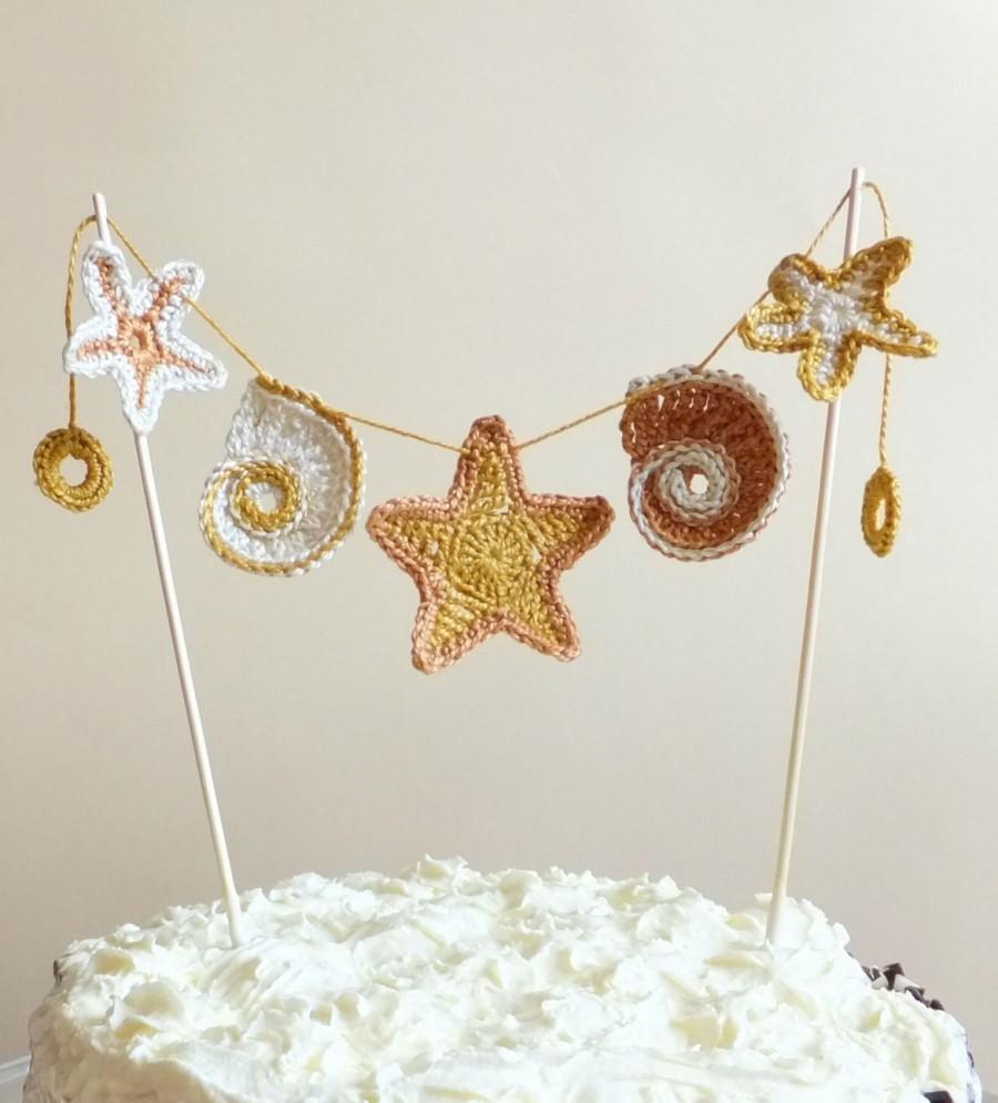Hochzeit - Beach wedding cake topper - crochet sea shells garland - sea shells - stars cake topper - beach party decor in sand colors ~12.5 inches